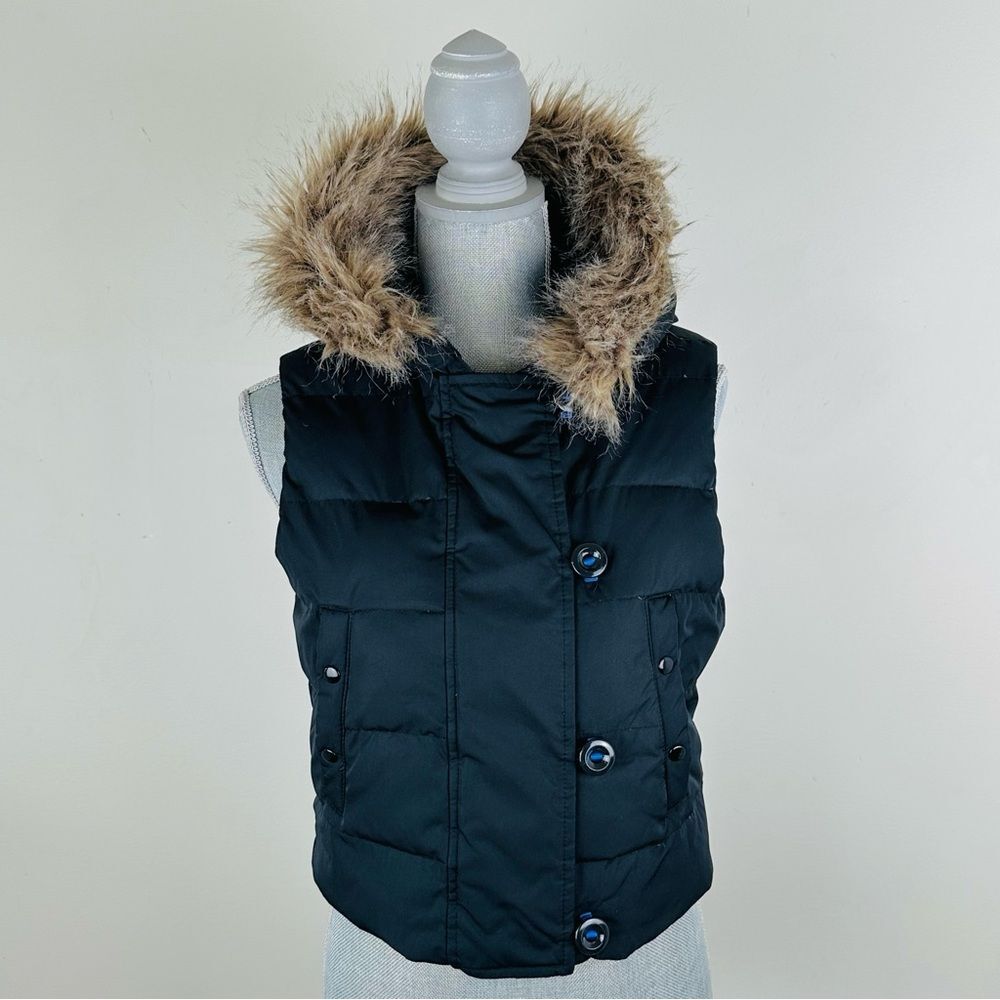GAP Womens SZ S Cropped Puffer Down Vest Black Zip Detachable Hood Faux Fur